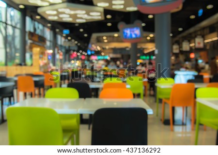 Tables and chairs on food court in huge mall