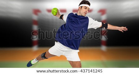 Sportsman throwing a ball against digital image of handball goal