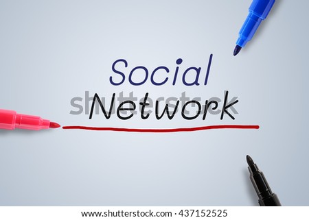 Color pen marker, blue, black, red, with word Social Network, business concept in social network.