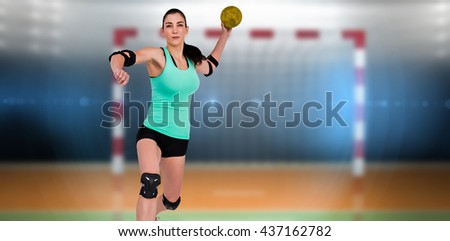Female athlete with elbow pad throwing handball against digital image of handball goal