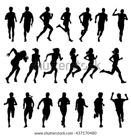 Set of silhouettes of running men and women. Run, runner, sport Royalty-Free Stock Photo #437170480