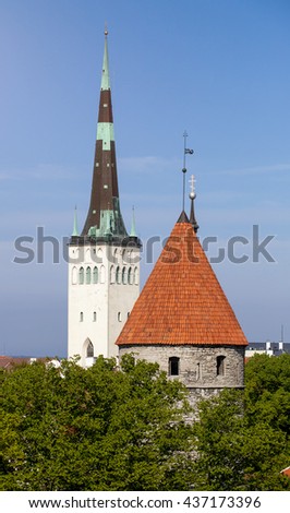 St. Olaf's Church behind the tower of Toompea Fortress in Tallinn during summer