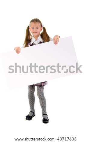 Little Girl With Message Board. Studio Shoot Over  White Background.