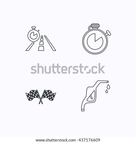 Race flags, travel timer and petrol station icons. Timer linear sign. Flat linear icons on white background. Vector