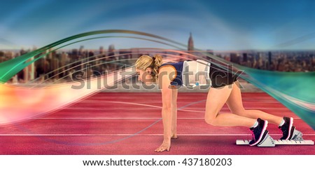 Composite image of female athlete in position ready to run on race track