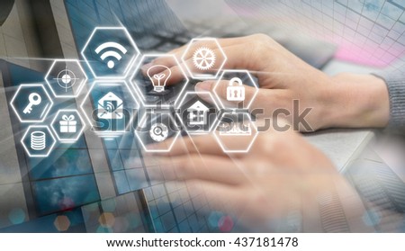 closeup hand press the enter button of keyboard on the Social media symbol on Internet network concept background,Elements of this image furnished by NASA, Business technology concept
