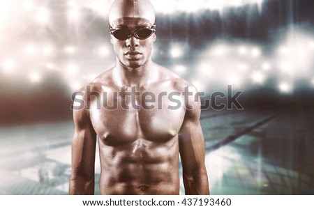 Composite image of swimmer ready to dive against swimming pool