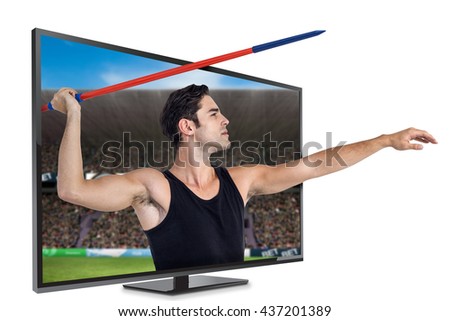 Male athlete preparing to throw javelin against digital image of a stadium