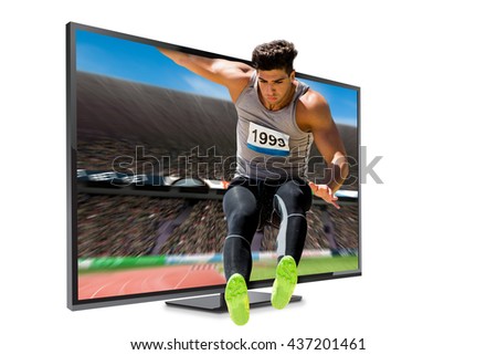 Sportsman jumping on a white background against view of a stadium