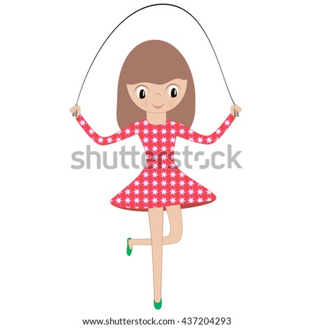 Illustration of a little girl in a red dress playing a skipping rope on a white background.