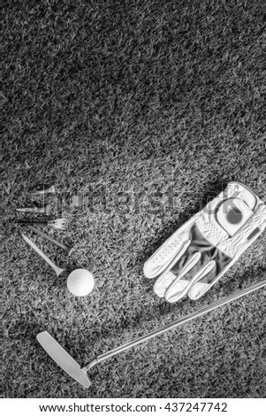 golf accessories ,tees, putter,golf ball and  glove, on green grass.. black and white.