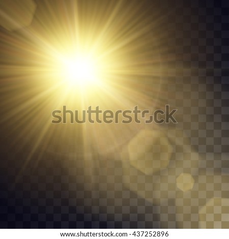 Vector yellow sun with light effects. Rays, hotspots, halo and flares on transparent like background. Contains clipping mask.