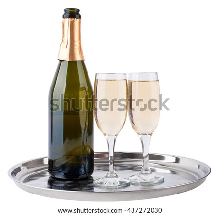 Champagne bottle and champagne glasses on tray isolated on white background