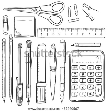 Big Vector Set of Sketch Stationery Items. Eraser, Stickers, Scissors, Ruler, Paper Clips, Drawing Pins,Pencils, Pens, Marker, Calculator. School Supplies. Stationery Mock Up.