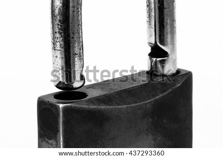 Close up, macro photo of old, antique Padlock black & white color, hi-contrast isolate on white background