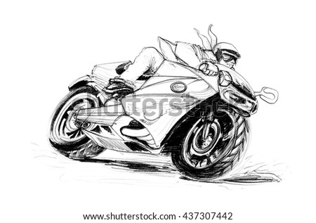 Big Bike Riding on the Road Curve cartoon pencil sketch free hand black and white color isolated background.