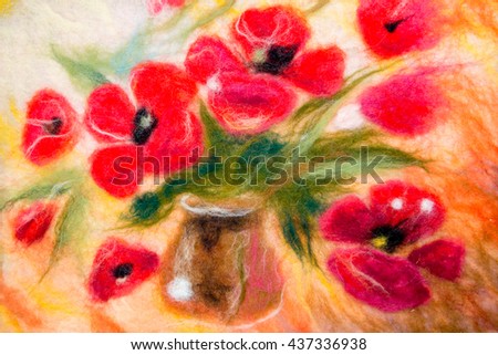 felting wool - contemporary art - handmade. Picture. Picture - red poppies in a flowerpot