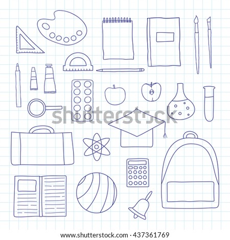 Hand drawn outline school and university icons on graph paper background. Paints, palette, apple, ruler, backpack, ball, pen, notebook, bell, brushes, loupe, protractor, calculator, mortar board.