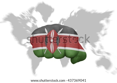 fist with the national flag of kenya on a world map background