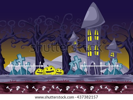 Seamless cartoon vector halloween background with separated layers for game and animation, game design asset