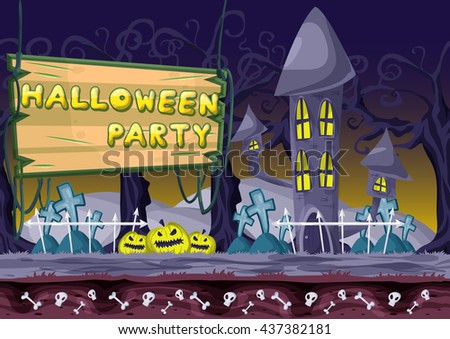 Seamless cartoon vector halloween background with separated layers for game and animation, game design asset