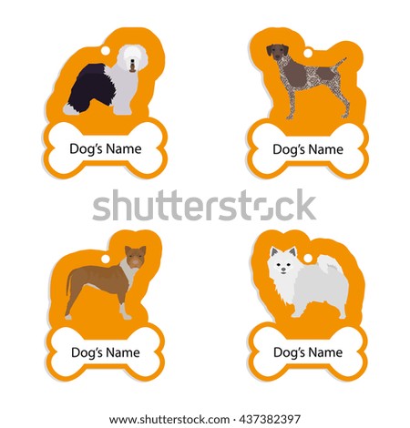 Set of dog tags with text and different illustrations of dog breed