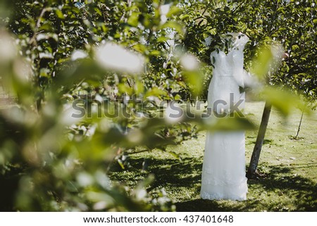 Wedding  white dress hanging in the green garden