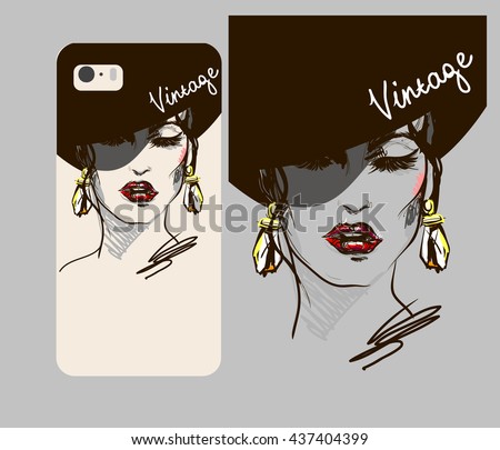 phone case with print of vintage style fashion illustration  on white  background