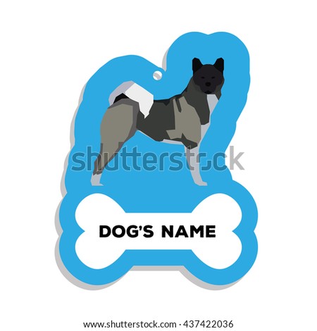 Isolated blue dog tag with text and an illustration of a dog breed