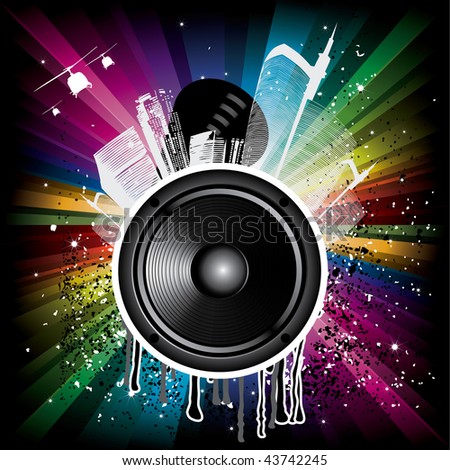 Magic Rainbow Party background with speaker and houses