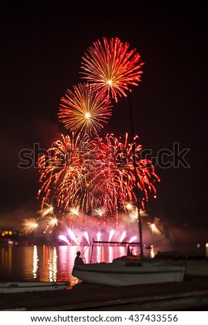 Ignis Brunensis golden, red and pink colored fireworks resembling aster flower reflecting on dam water surface. Long exposure night graphical photography using creative tilt effect by tilt-shift lens.
