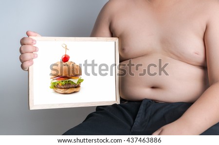 fat boy show hamburger picture on whiteboard, concept is Hamburgers (junk food) cause obesity.