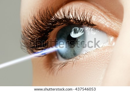 Laser vision correction. Woman's eye. Human eye. Woman eye with laser correction. Eyesight concept. Future technology, medicine and vision concept Royalty-Free Stock Photo #437546053