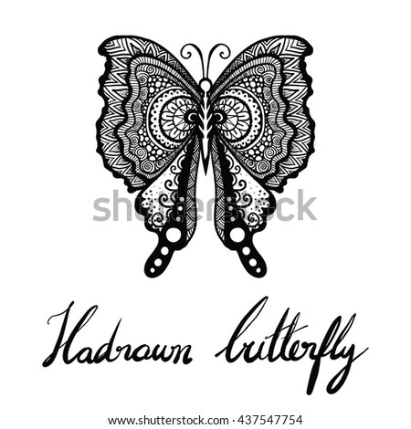 Hand drawn butterfly for tattoo, T-Shirt design, adult coloring and so on - Stock vector