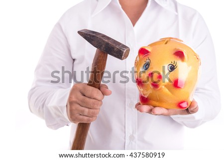 Woman holding hammer and yellow piggy bank isolated on white background. Breaking concept