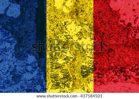 romania national flag with old wall texture