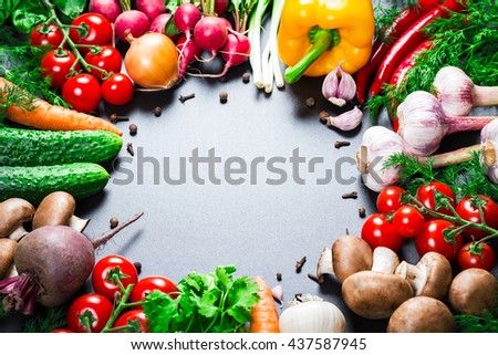 Beautiful background healthy organic eating. Studio photography the frame of different vegetables and mushrooms on vintage table with free space for you text