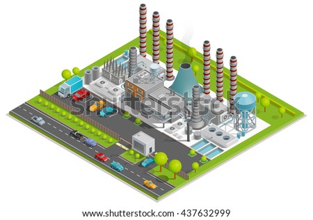 Chemical plant isometric concept with factory pipes fuel containers industrial buildings automobile parking vector illustration 