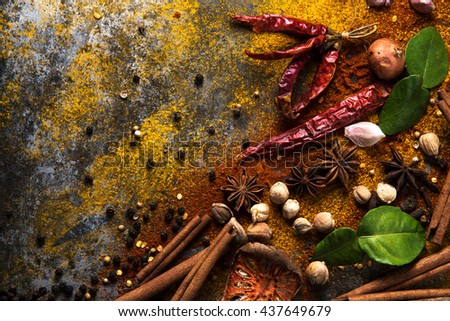 spices with ingredients on dark background. asian food, healthy 