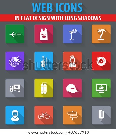 Travel web icons in flat design with long shadows