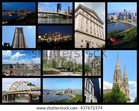 Pittsburgh, USA landmarks - travel photo collage with skylines, bridges, cathedral and university.