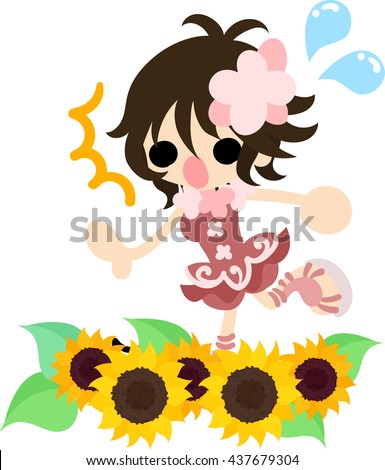 A cute little girl and a flower field of sunflower