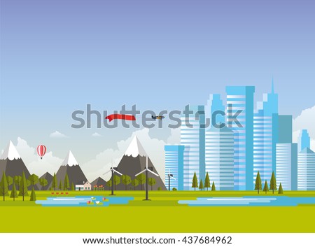 Flat design landscape, and cityscape eco illustration.