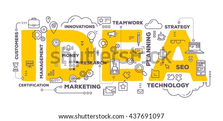 Vector creative illustration of idea word lettering typography with line icons and tag cloud on white background. Creative idea concept. Thin line art style design for business idea theme web banner Royalty-Free Stock Photo #437691097