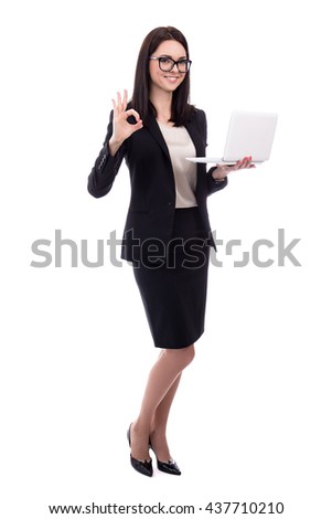 young business woman with laptop showing ok sign isolated on white background