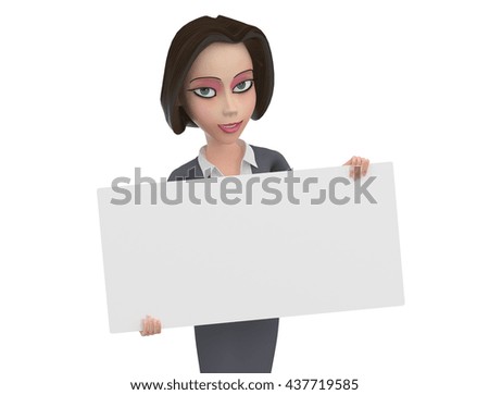 3D Illustration of  Business woman in red dress with empty white square sign in her hands