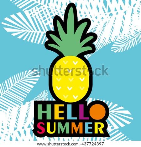 Vector invitation template with funny pineapples, palm leaves.