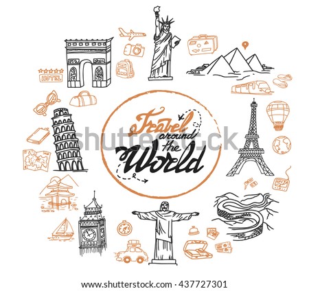Hand-drawn doodle frame with different travel objects, sights and buildings: Eiffel Tower, Big Ben, Great China Wall, Pyramids, etc. Line art round frame
