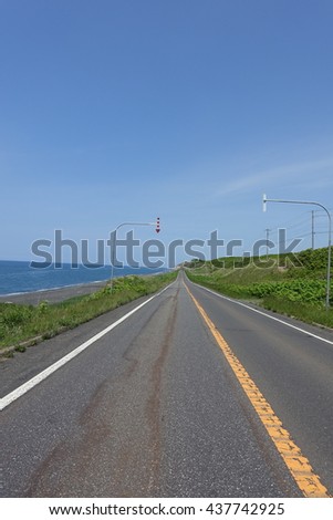 the Center orange line of Ororon line road along Sea of Japan, in Hokkaido, Japan