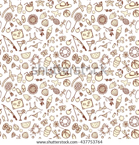Seamless doodle pattern background for summer time with shells, sunflowers, coconuts, cocktails, bags, butterflies, dragonflies, hats, swimwear, fishing rods, ice cream, palm trees, bubbles etc